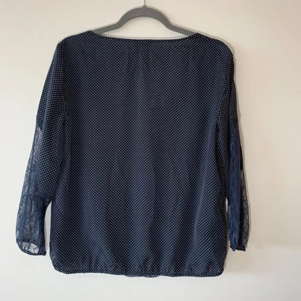 Ann Taylor Navy Microdot Popover Tunic Lace Woman’s Size Small Spring Top Preppy - Picture 2 of 10
